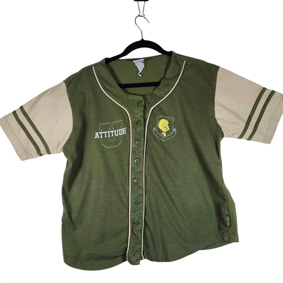 Looney Tunes Mania Tops - Vintage Looney Tunes Tweety‎ Bird Attitude Baseball Jersey Women Olive Green Tan